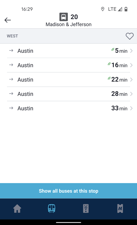 A snapshot of a departure view in the Ventra app with some results indicated as real-time or "tracked" versus schedule-based per the app's design