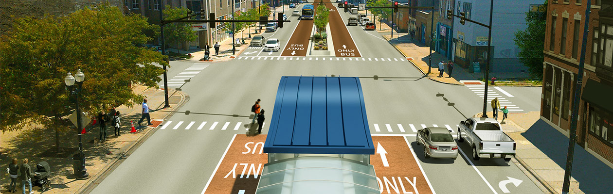 Artist's rendering of Ashland BRT with bus in distance, lanes in center around median and station entry from crosswalk in foreground